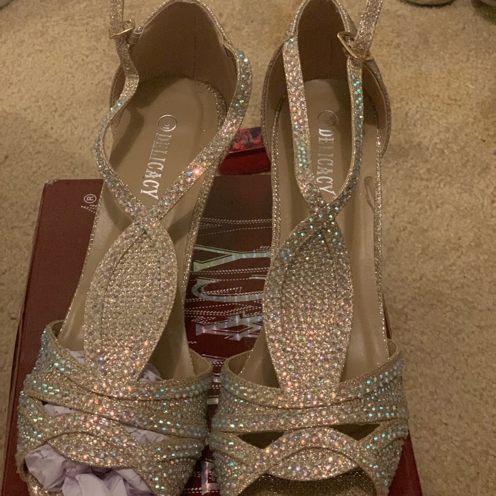 Size 9 Delicacy Gold rhinestone heels.
